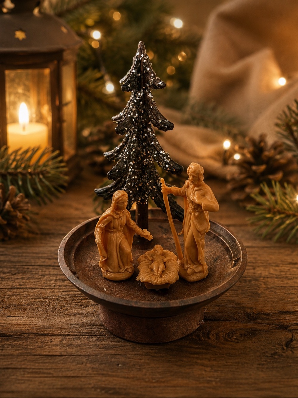 Vintage 1960s 1970s Miniature Hard Plastic Nativity Pieces On Wooden Base MCM